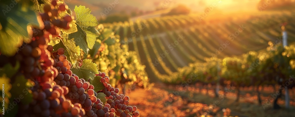 Fototapeta premium Stunning vineyard at sunset with rows of grapevines bathed in golden light, rolling hills in the background, and a tranquil atmosphere