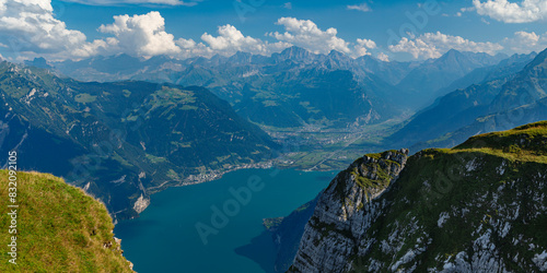 View from Niederbauen Mountain, 1923m to Fluelen and Altdorf, Lake Lucerne, Canton Uri, Switzerland photo