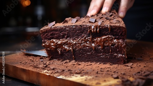 cutting freshly baked chocolate cake photo