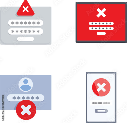 Collection of four flat design icons symbolizing incorrect password inputs