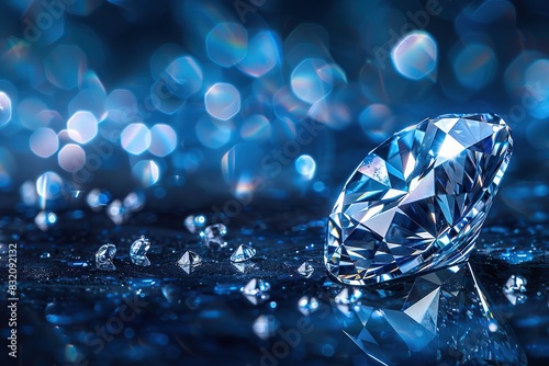 Diamonds. Close up of sparkling luxury diamonds of different cuts and sizes on a dark blue background with shadows. Dazzling shiny transparent pure diamonds soft focus with bokeh. Jewel  jewellery