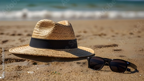 Tropical Getaway Essentials. Straw hat  bag and sun glasses  A stylish felt hat accompanied by a pair of sunglasses on a sandy beach background  evoking a summer vacation vibe. 