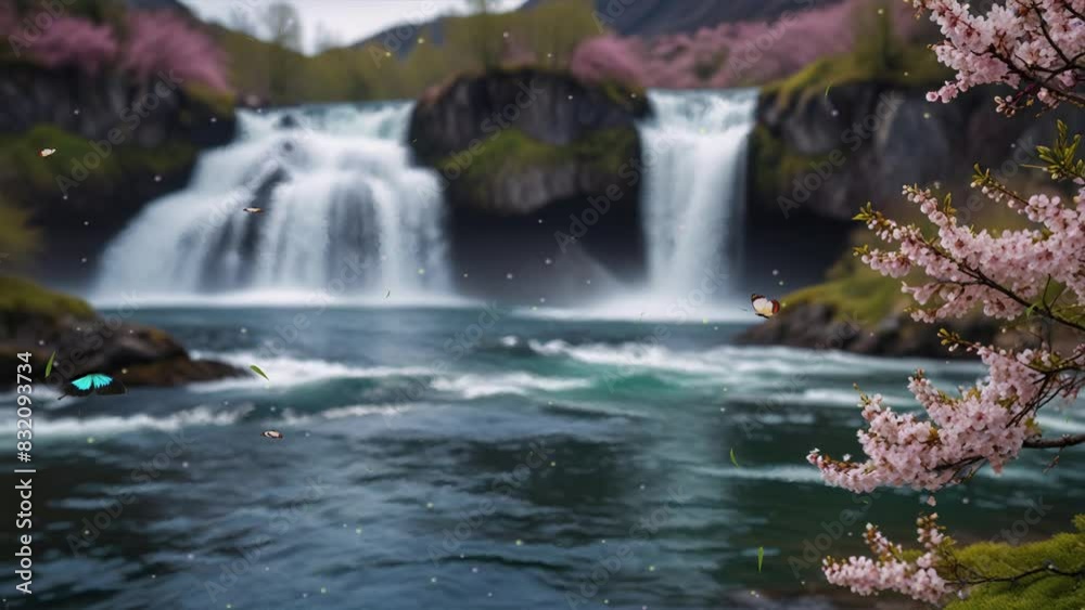 A waterfall in a forest with pink cherry blossoms in the foreground on the right side of the image. A waterfall in a forest with pink cherry blossoms in the foreground on the right side of the image.