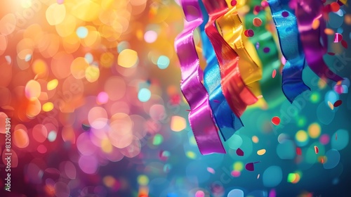 Colorful ribbon on bokeh shimmer blurred rainbow background with copy space for text or product.