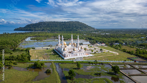 Aerial of Sultan Hassanal Bolkiah Masjid, Cotabato City, Bangsamoro Autonomous Region in Muslim Mindanao, Philippines