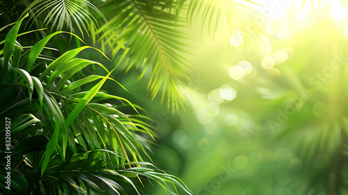 Lush green foliage of a tropical rainforest with bright sunlight shining through the leaves.