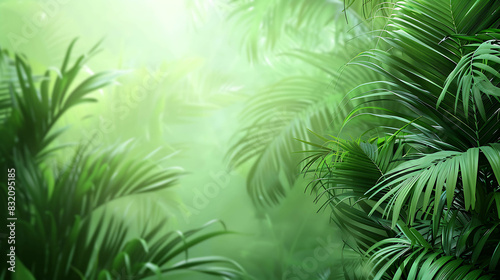 Lush green foliage of a tropical rainforest with bright sun rays shining through the leaves.