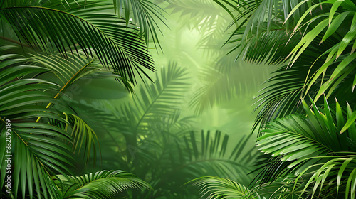 lush green foliage of a tropical jungle with bright sunlight shining through the leaves photo