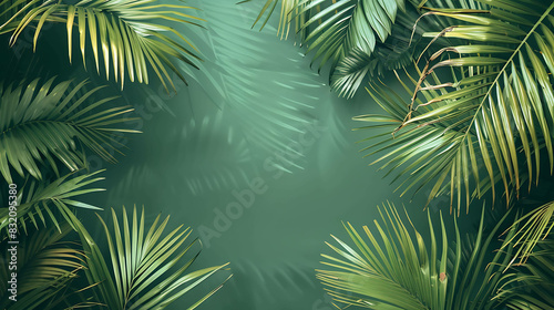 The image is a dark green background with a frame of palm leaves around the edge.