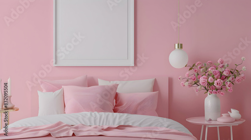 Frame mockup  Home interior background  Bedroom in pink pastel colors  3d render