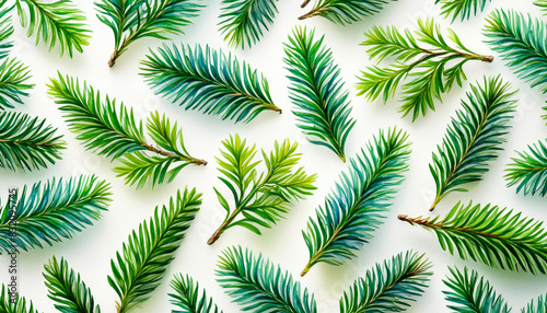Repeated pattern of small green fir branches with leaves on white background