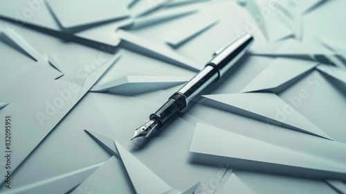 3D product display background featuring a classic fountain pen, surrounded by elegant stationary, in a paper art style with ample space for text photo