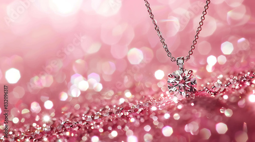 Elegant silver necklace with a large diamond pendant on a pink glittering background. photo