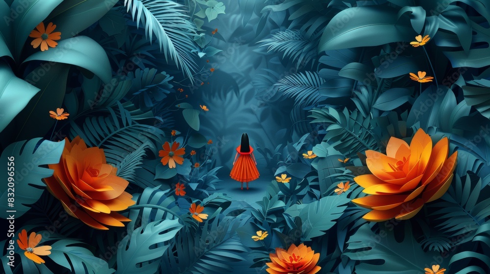 Traveler navigating through a dense paper jungle, discovering hidden treasures along the way. Traveler navigating through a dense paper jungle, discovering hidden treasures along the way.