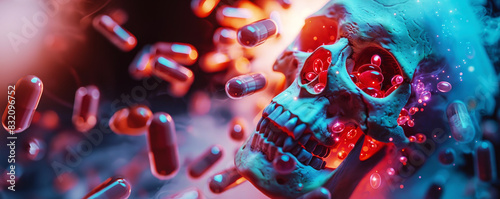skull with glowing red eyes and an open mouth is surrounded by pills in the air. Drug addiction, overdose and deadly pharmaceuticals concept. With copy space photo