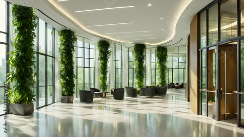 a large lobby with plants on the walls and a large clock on the wall.