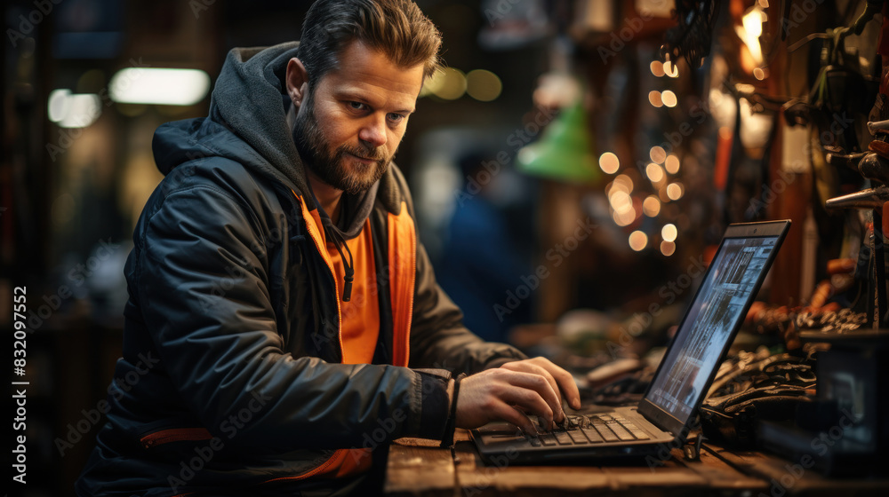 An artisan looking focused while working on a computer in a well-lit workshop setting An artisan looking focused while working on a computer in a well-lit workshop setting