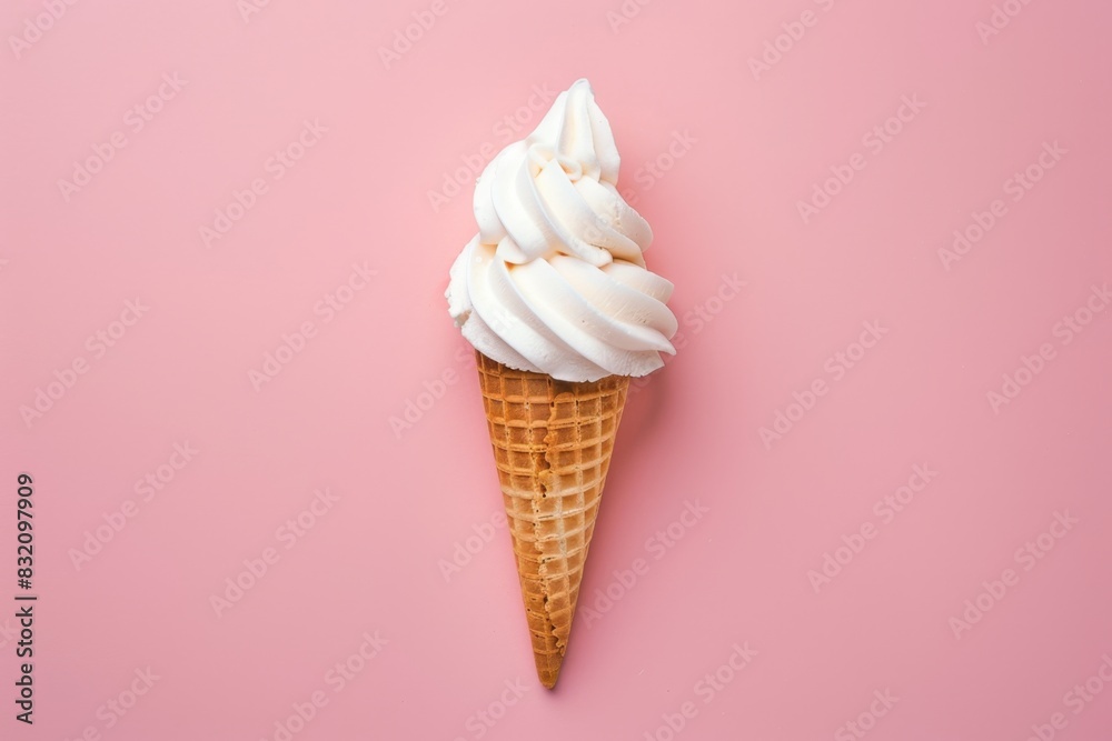 Vanilla ice cream in a waffle cone on a white background with space for text