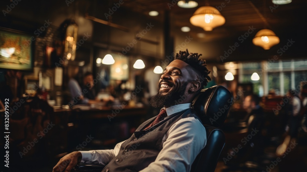 A stylish man is relaxing in a barbershop chair, exemplifying a moment of leisure and grooming in an urban setting A stylish man is relaxing in a barbershop chair, exemplifying a moment of leisure and grooming in an urban setting