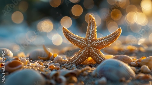 starfish and shells lie on the sand against the backdrop of the tropical sea