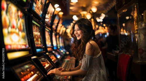 An ecstatic young woman enjoys her time winning at slot machines in a vibrant, illuminated casino setting photo