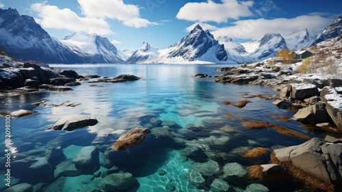 A breathtaking natural landscape with crystal clear waters surrounded by majestic snow-capped mountains under a blue sky