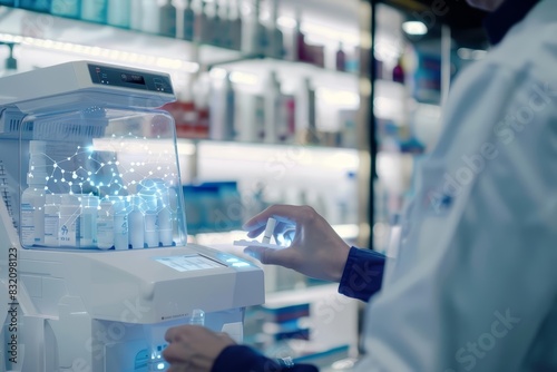 A closeup of a pharmacist using a smart dispenser to prepare medication photo