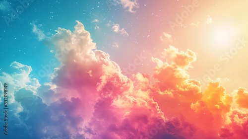 Whimsical Colorful Background with Clouds and Sun, Playful Imagination Scene