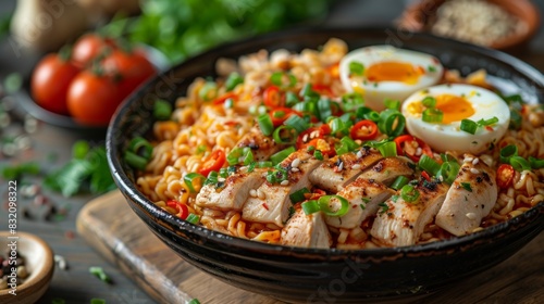 japanese ramen with chicken, green vegetables and eggs