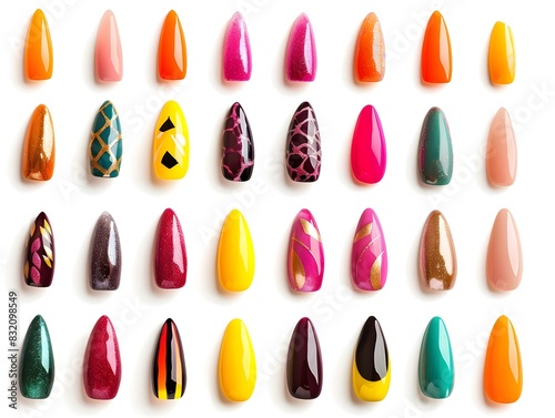 Vibrant Nail Polish Designs on a White Background Showcasing Diverse Nail Care Traditions and Personal Expression