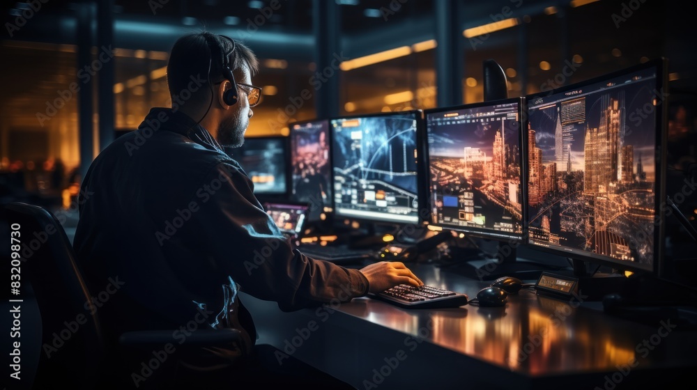 A male security professional is focused on multiple monitors displaying different surveillance camera feeds in a dark, modern control room