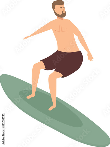 Illustration of a young man surfing alone on a surfboard in the ocean, enjoying a recreational water sport activity, depicted in a flat design vector graphic