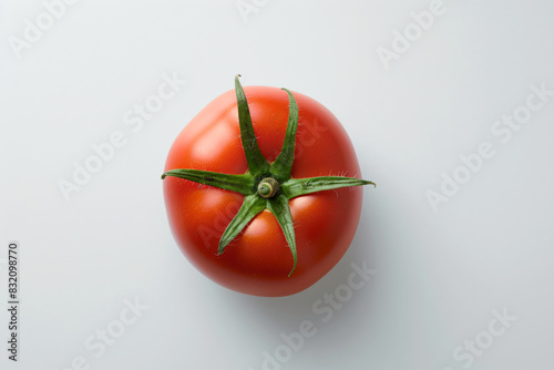 a tomato with a green stem on a white surface