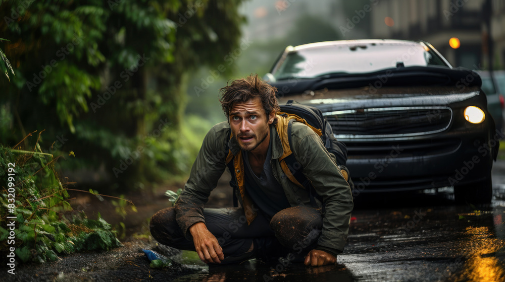 A man is crouching on a wet road, looking concerned with a car and city in the background A man is crouching on a wet road, looking concerned with a car and city in the background