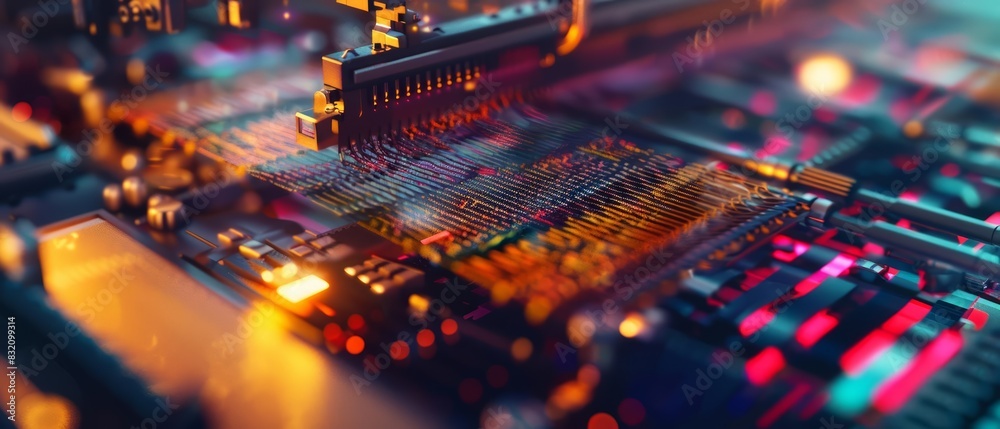 A closeup of automated machinery weaving complex textiles