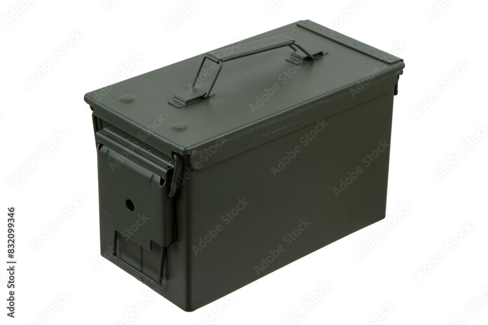 US army green metal ammo can for gun cartridges isolated on white back US army green metal ammo can for gun cartridges isolated on white back
