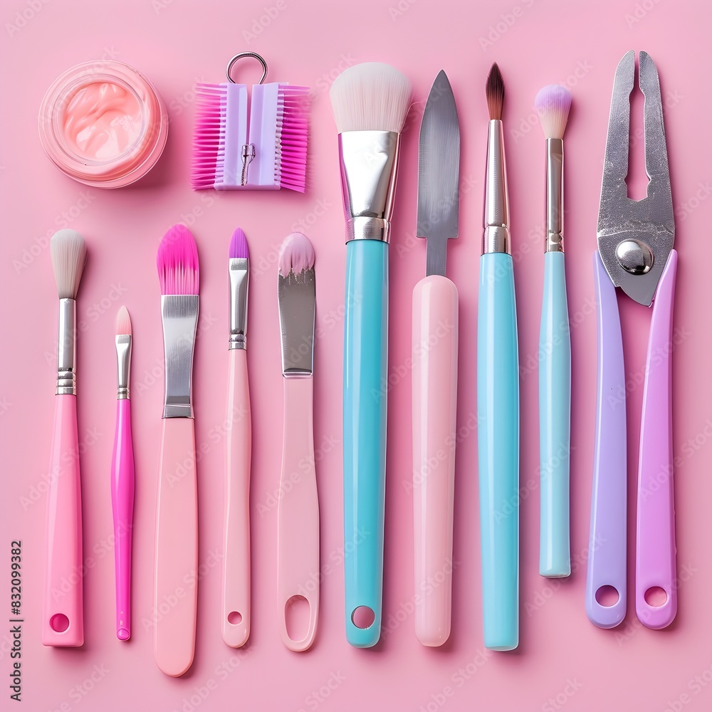 Assortment of Nail Art Tools for Manicure and Pedicure on Pastel Pink Background Assortment of Nail Art Tools for Manicure and Pedicure on Pastel Pink Background