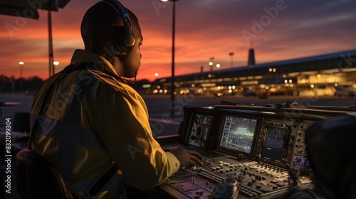 An air traffic controller in a high-visibility jacket looking out a cockpit window at sunset © AS Photo Family