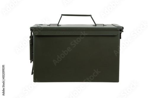 Fotografi US army green metal ammo can for gun cartridges isolated on white back