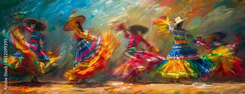 Frontal view of Hispanic dancers performing a traditional folk dance
