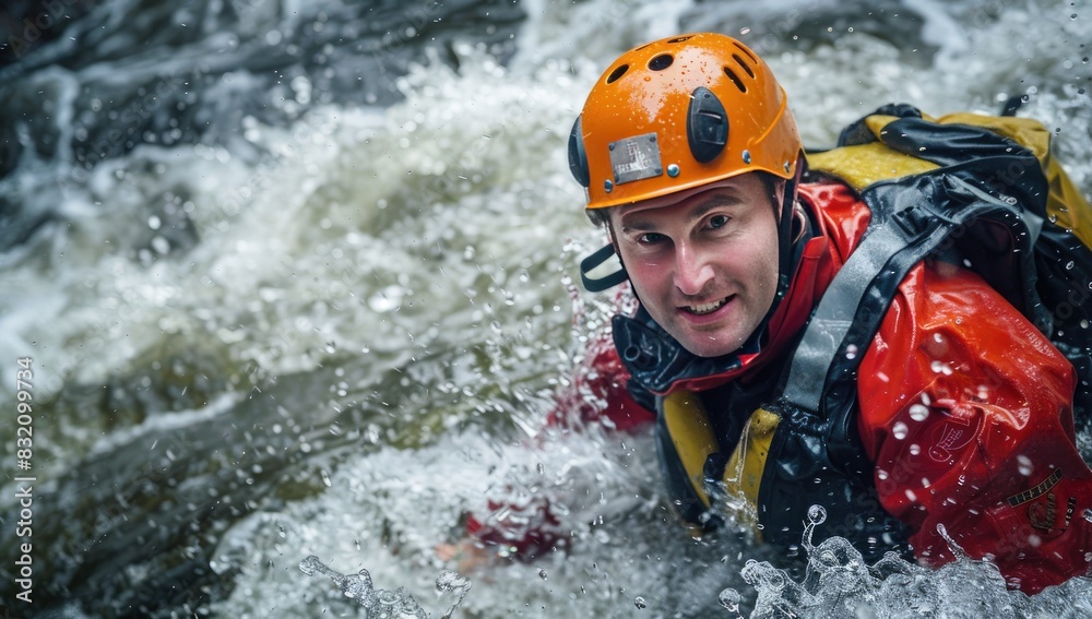 Man in Safety Helmet and Gear in Rapids Man in Safety Helmet and Gear in Rapids