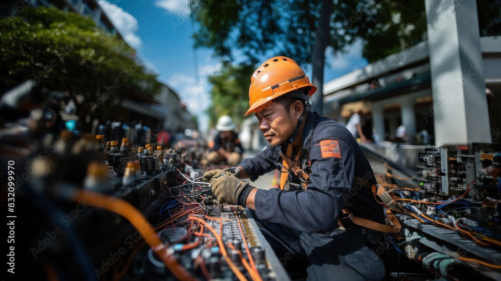 A technician in a safety helmet works intently on a complex array of wiring and electrical components outdoors
