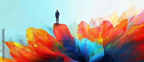 A miniature figure standing on top of a colorful painted flower symbolizes the blossoming of success in education photo