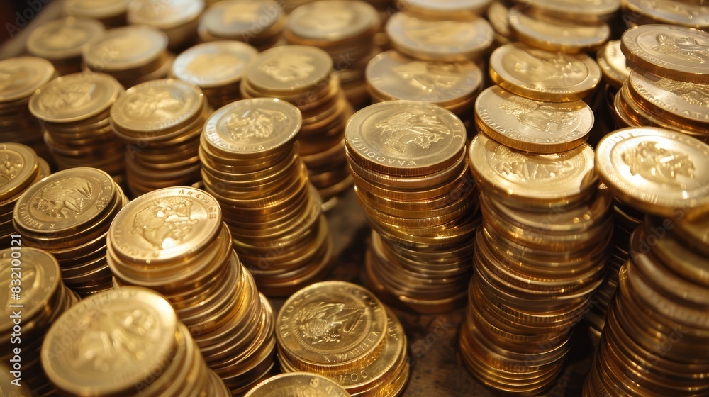 Organized stacks of gold coins on a table, perfect for illustrating themes of prosperity, wealth, and financial success Organized stacks of gold coins on a table, perfect for illustrating themes of prosperity, wealth, and financial success