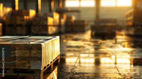 Pallets of goods in sharp focus against a blurred warehouse backdrop, captured in noon light with a tech-inspired style. Great for supply chain and logistics visuals