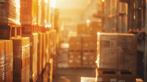 Pallets of goods in sharp focus against a blurred warehouse backdrop  captured in noon light with a tech-inspired style. Great for supply chain and logistics visuals