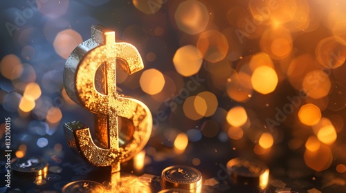 Golden dollar sign with a blurred background, ideal for themes of monetary wealth and financial growth photo