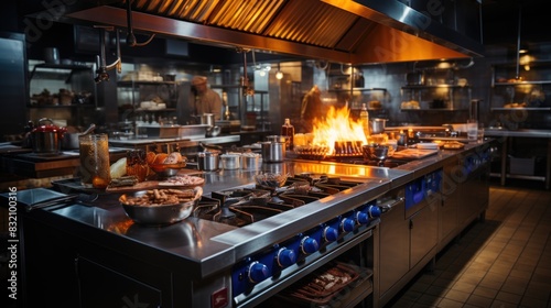 A dynamic image of a busy restaurant kitchen with an open flame on the stove, likely searing food
