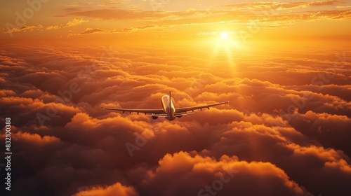Golden sunrise with an airplane above the clouds, representing the beauty of flight and travel. Ideal for aviation and scenic imagery photo