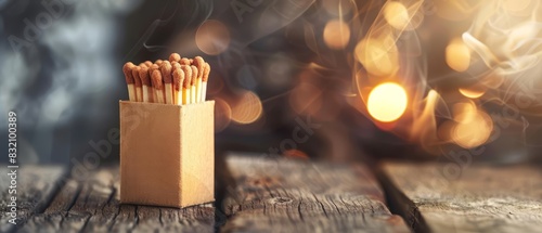 A single box of matches on a wooden background with a blurred backdrop suitable for advertising photo